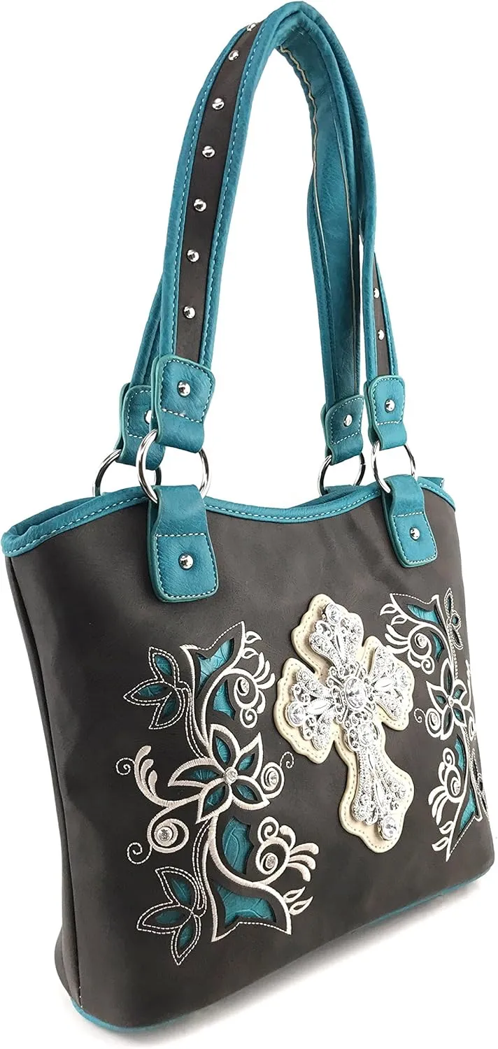 Justin West Embroidery Floral Silver Cross Concealed Carry Handbag Purse Wallet