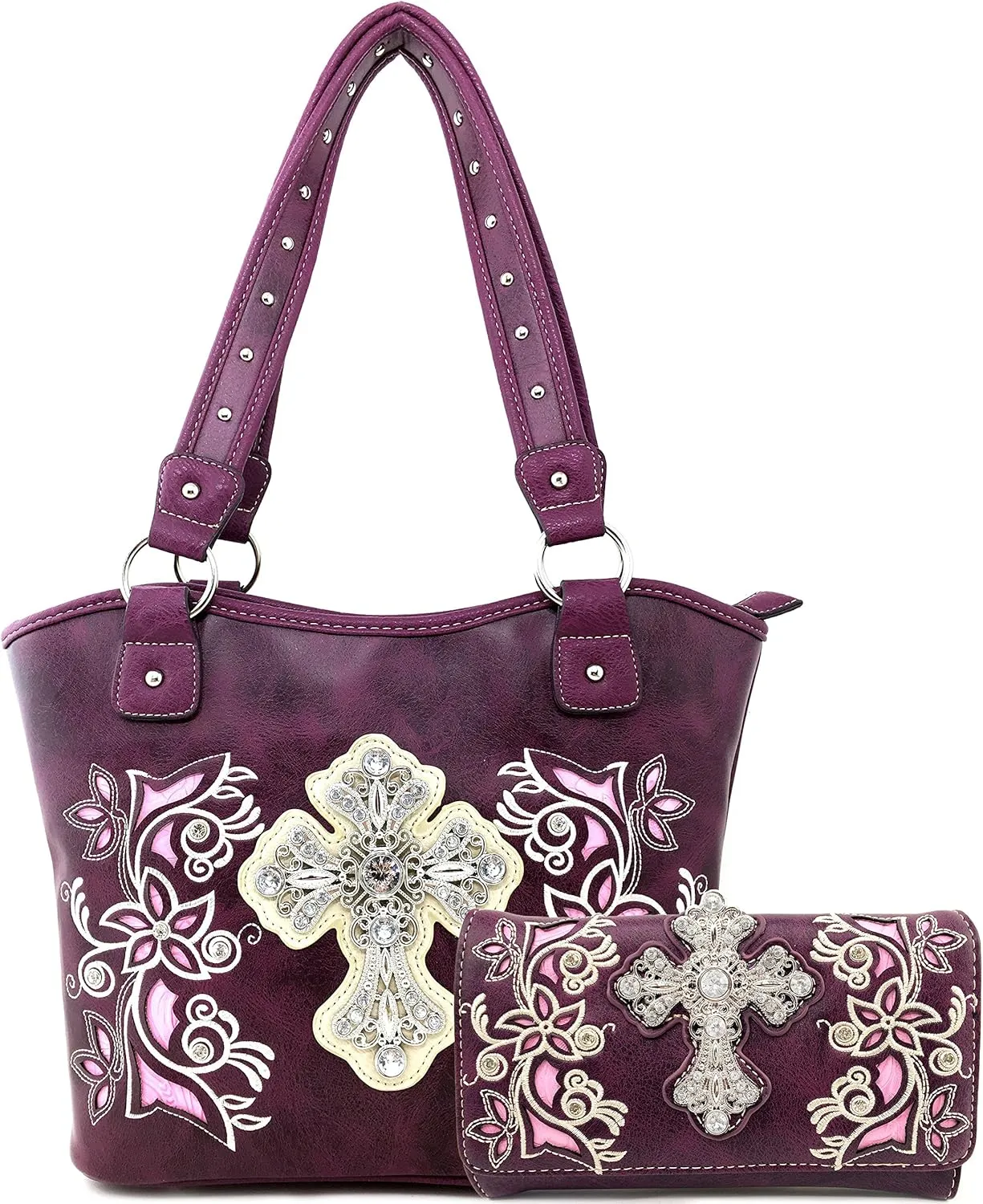 Justin West Embroidery Floral Silver Cross Concealed Carry Handbag Purse Wallet
