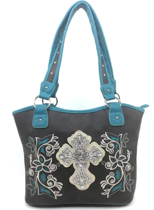 Justin West Embroidery Floral Silver Cross Concealed Carry Handbag Purse Wallet