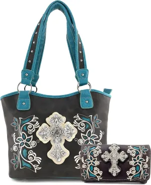 Justin West Embroidery Floral Silver Cross Concealed Carry Handbag Purse Wallet