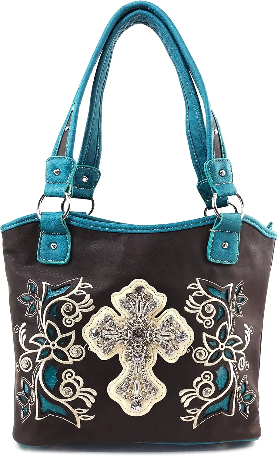 Justin West Embroidery Floral Silver Cross Concealed Carry Handbag Purse Wallet