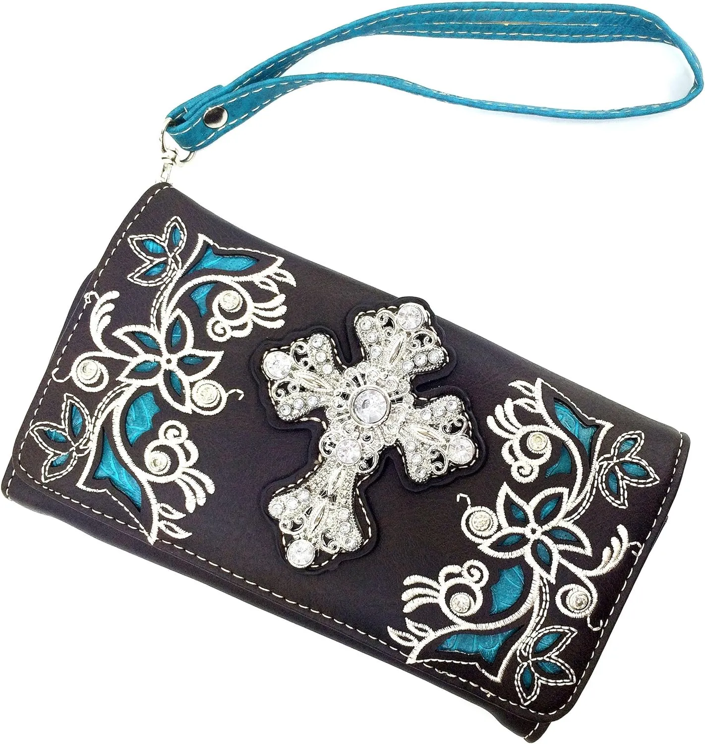 Justin West Embroidery Floral Silver Cross Concealed Carry Handbag Purse Wallet