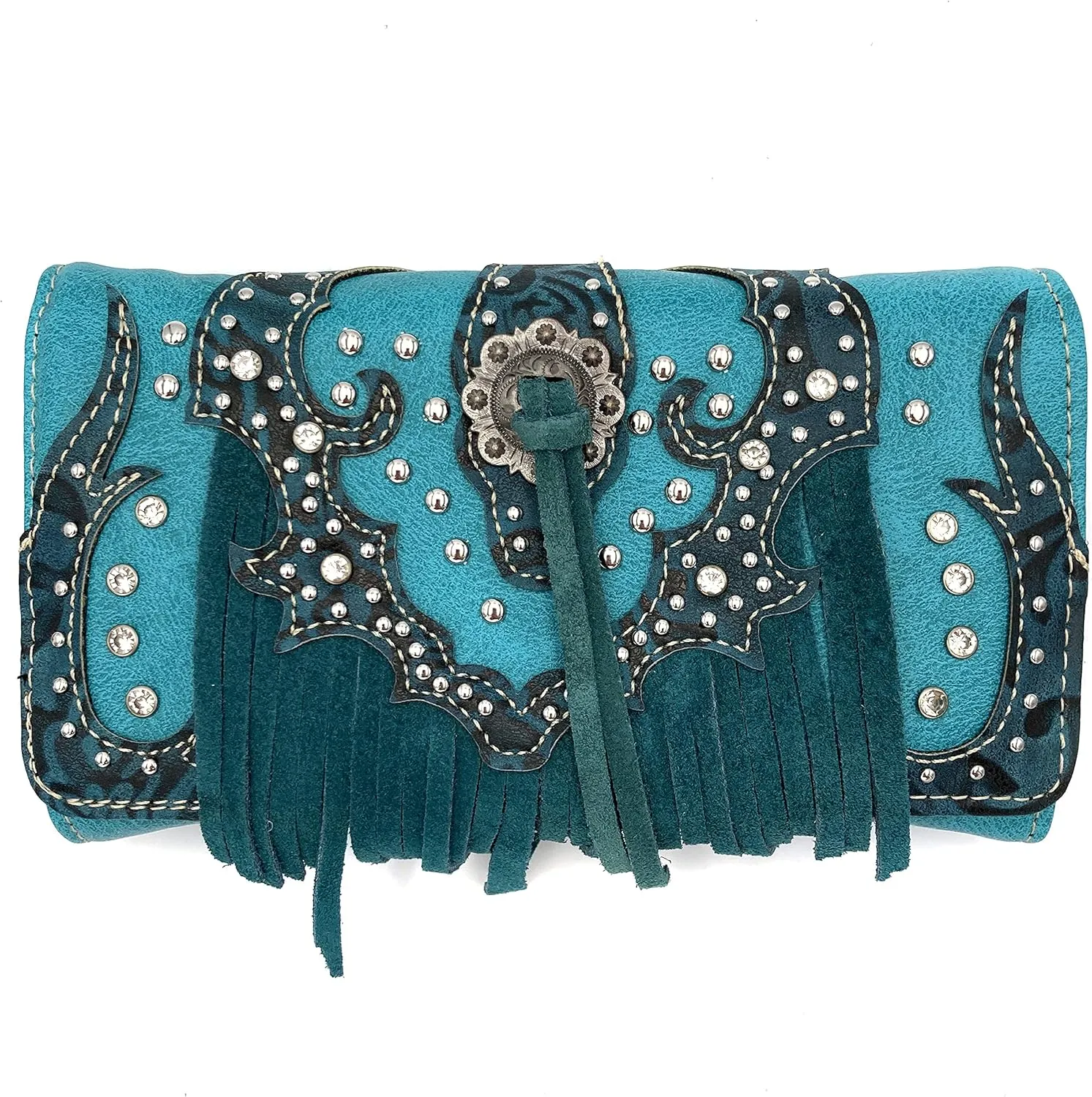 Justin West Floral Embroidery Rhinestone Turquoise Concho Buckle Leather Fringe Shoulder Concealed Carry Handbag Purse Wallet