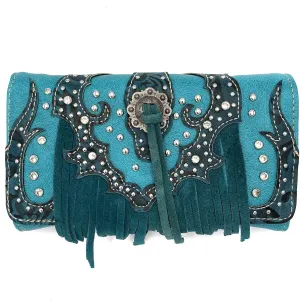 Justin West Floral Embroidery Rhinestone Turquoise Concho Buckle Leather Fringe Shoulder Concealed Carry Handbag Purse Wallet
