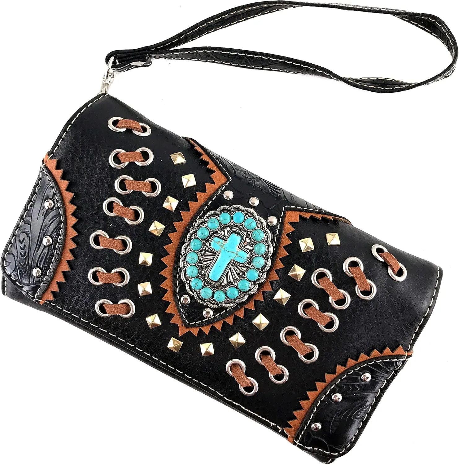 Justin West Floral Tooled Embroidered Western Turquoise Stone Cross Conceal Carry Handbag Purse