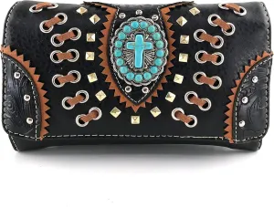 Justin West Floral Tooled Embroidered Western Turquoise Stone Cross Conceal Carry Handbag Purse