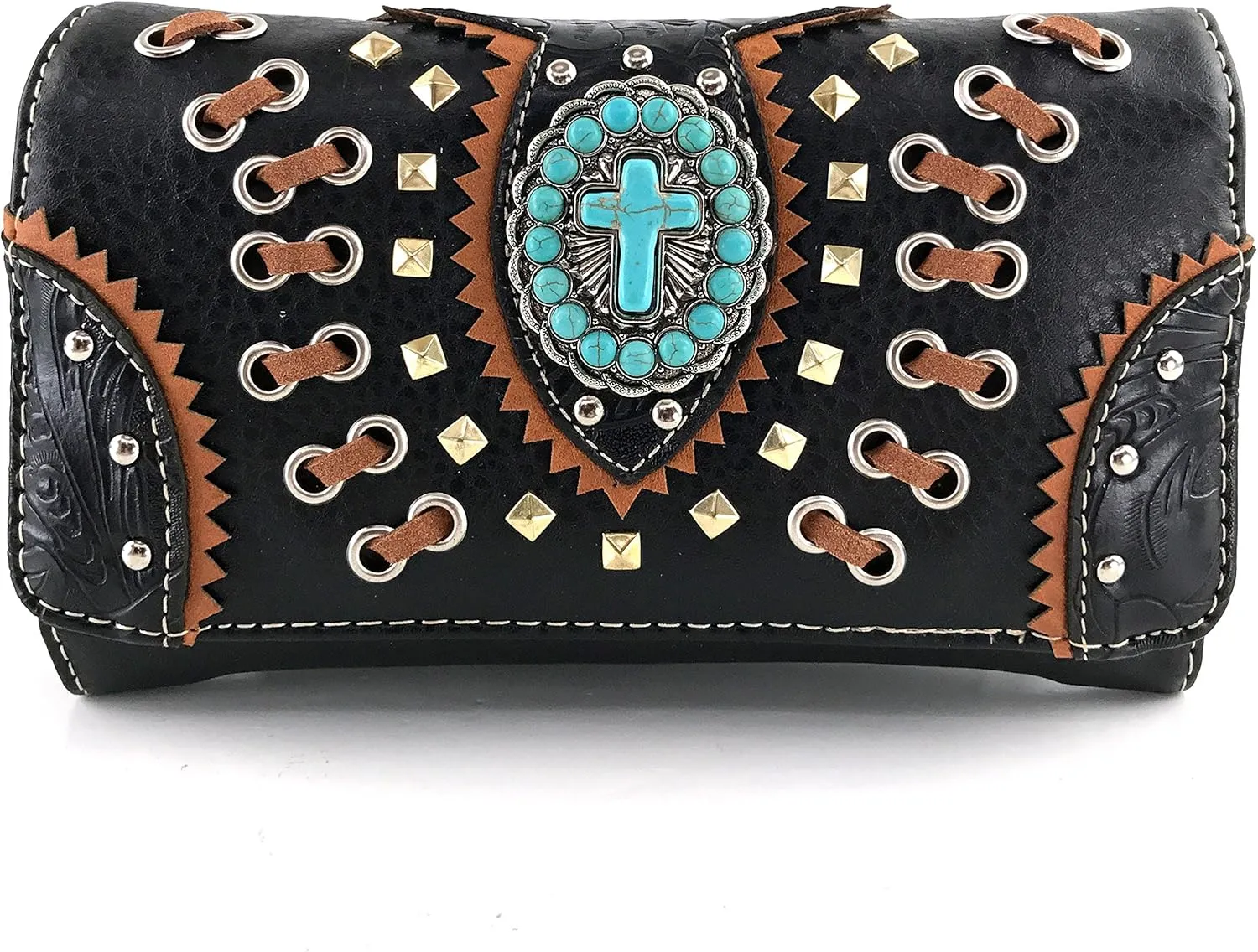 Justin West Floral Tooled Embroidered Western Turquoise Stone Cross Conceal Carry Handbag Purse