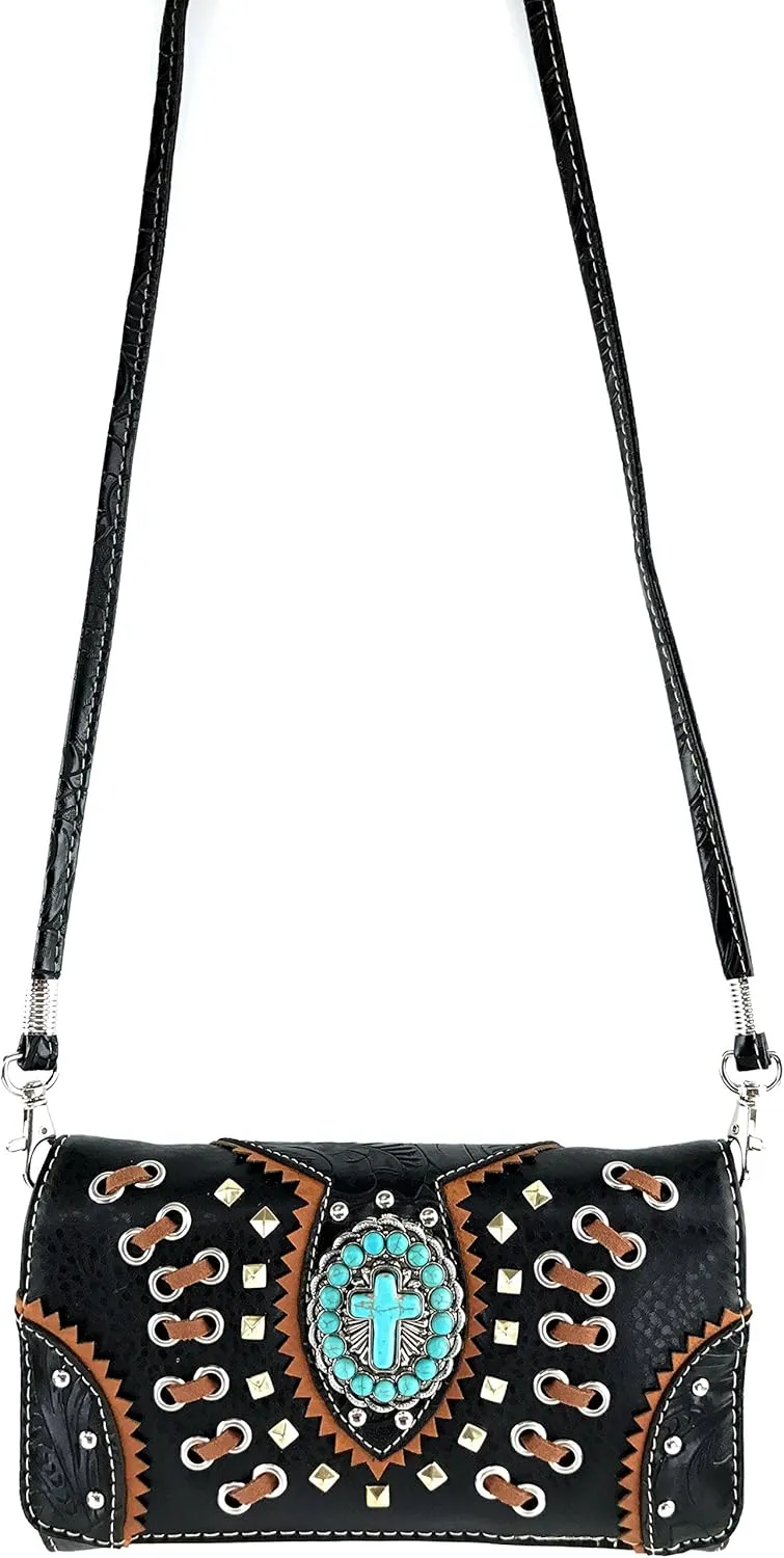 Justin West Floral Tooled Embroidered Western Turquoise Stone Cross Conceal Carry Handbag Purse