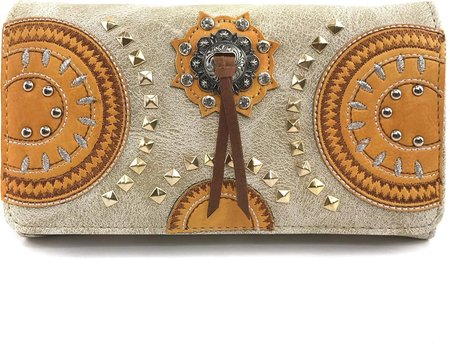 Justin West Native American Circle Mountain Gold Studs Embroidered Studded CCW Concealed Carry Shoulder Purse Handbag