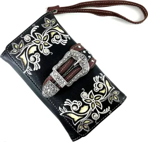 Justin West Silver Rhinestone Buckle Studded Tooled Leather Laser Cut Wristlet Trifold Wallet Attachable Long Strap