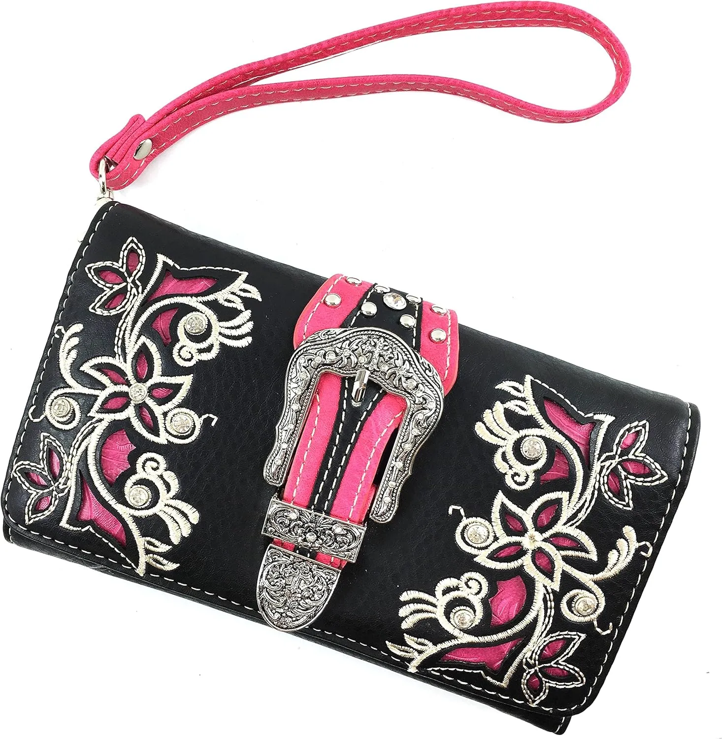 Justin West Tooled Laser Cut Leather Solid Rhinestone Silver Buckle Wristlet Trifold Wallet Attachable Long Strap