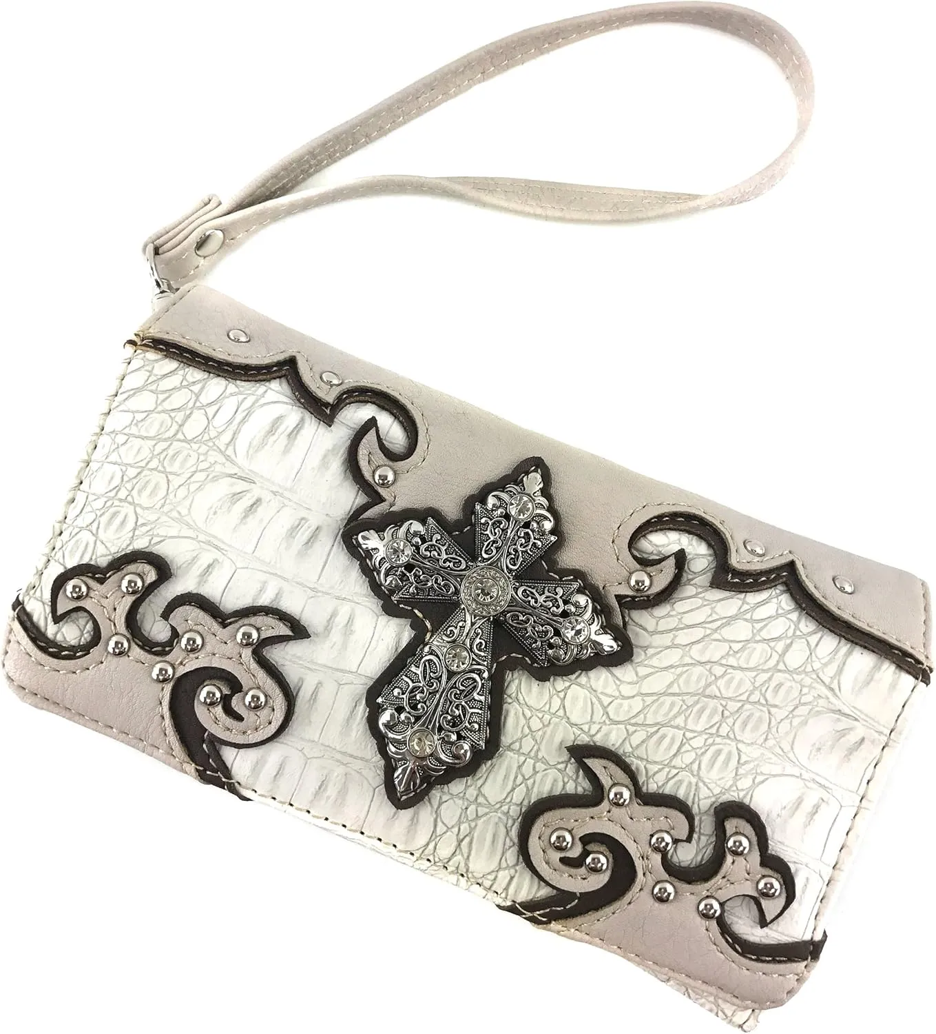 Justin West Western Tooled Croc Animal Faux Leather Silver Rhinestone Cross Studded Wristlet Trifold Wallet Attachable Long Strap (Beige)