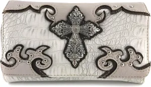 Justin West Western Tooled Croc Animal Faux Leather Silver Rhinestone Cross Studded Wristlet Trifold Wallet Attachable Long Strap (Beige)