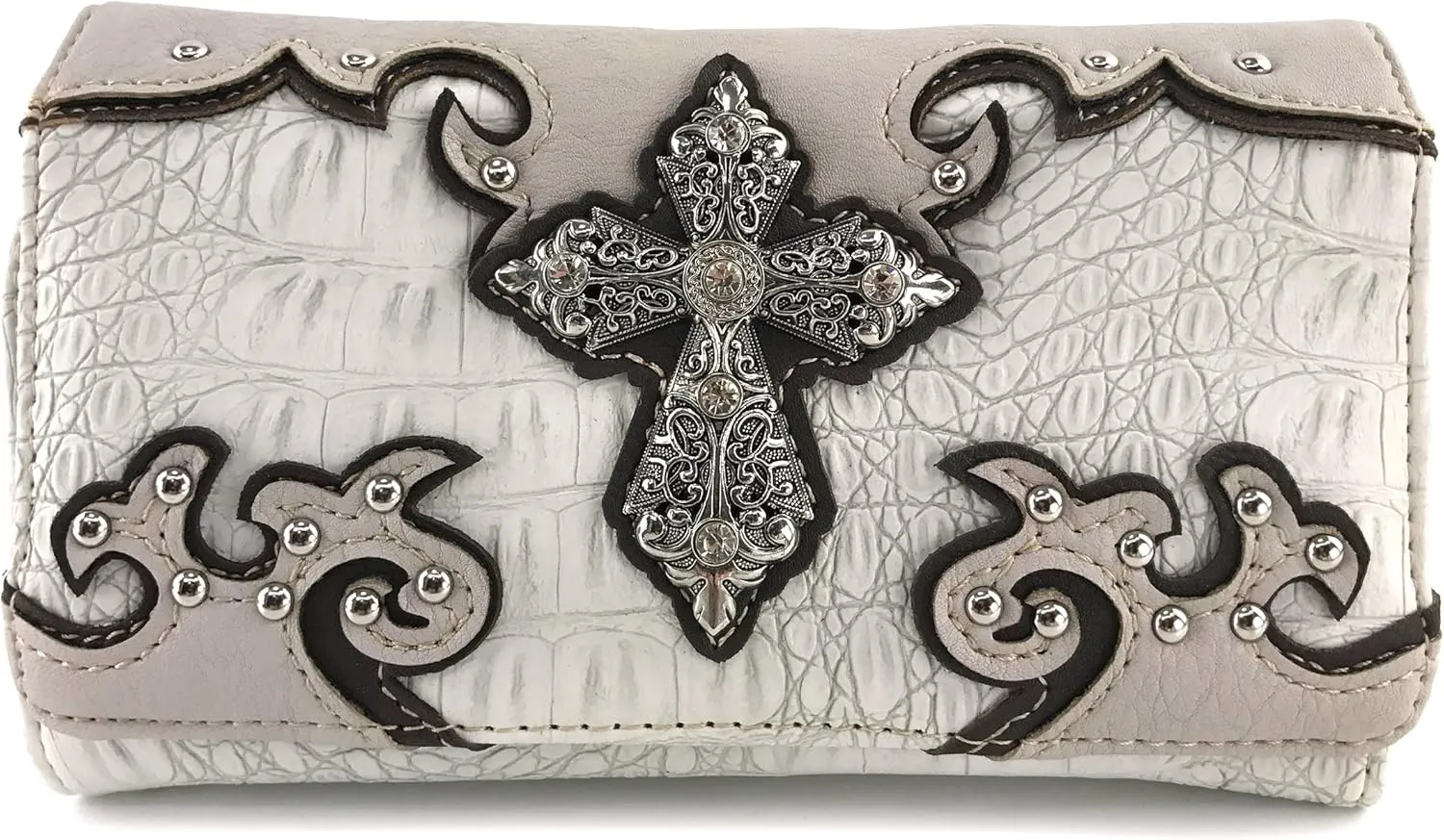Justin West Western Tooled Croc Animal Faux Leather Silver Rhinestone Cross Studded Wristlet Trifold Wallet Attachable Long Strap (Beige)