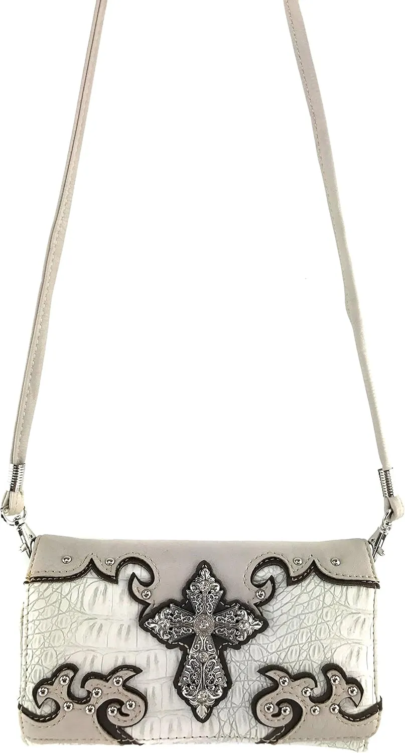 Justin West Western Tooled Croc Animal Faux Leather Silver Rhinestone Cross Studded Wristlet Trifold Wallet Attachable Long Strap (Beige)
