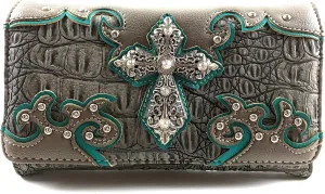 Justin West Western Tooled Croc Animal Faux Leather Silver Rhinestone Cross Studded Wristlet Trifold Wallet Attachable Long Strap (Pewter)