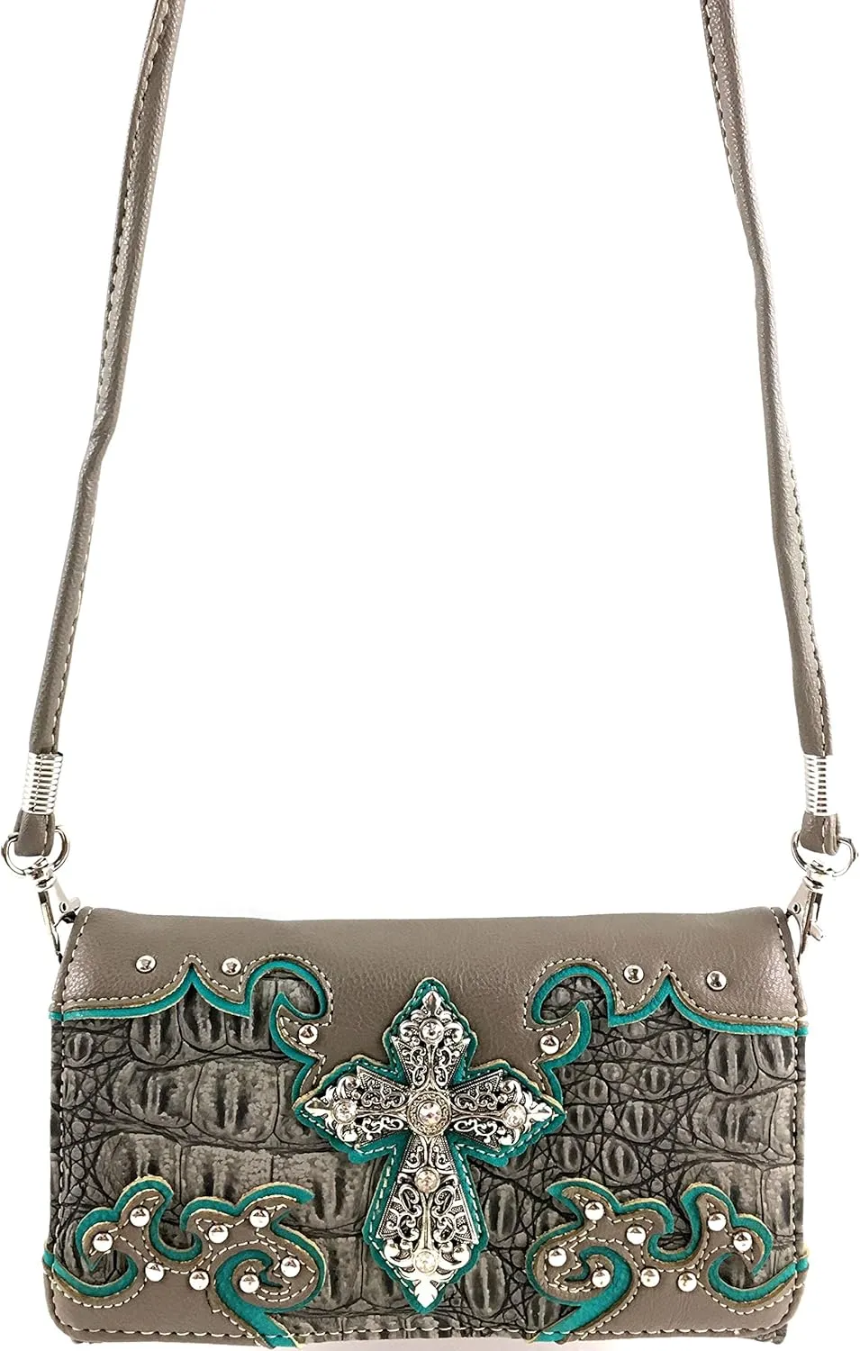 Justin West Western Tooled Croc Animal Faux Leather Silver Rhinestone Cross Studded Wristlet Trifold Wallet Attachable Long Strap (Pewter)