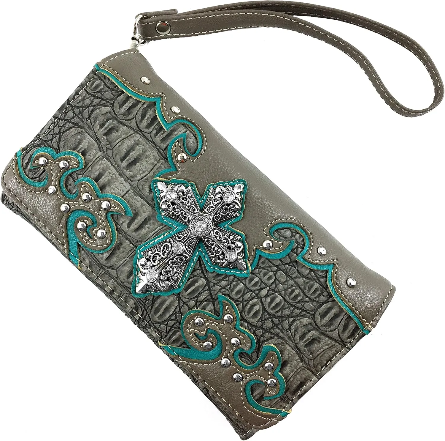Justin West Western Tooled Croc Animal Faux Leather Silver Rhinestone Cross Studded Wristlet Trifold Wallet Attachable Long Strap (Pewter)