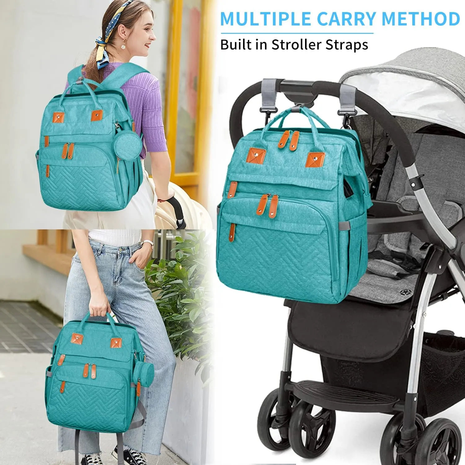 KABAQOO Diaper Bag Backpack, Large Baby Diaper Bags for Boys Girls, Baby Bag with USB Charging Port, Multifunction Waterproof Travel Back Pack for Moms Dads, Lake Blue