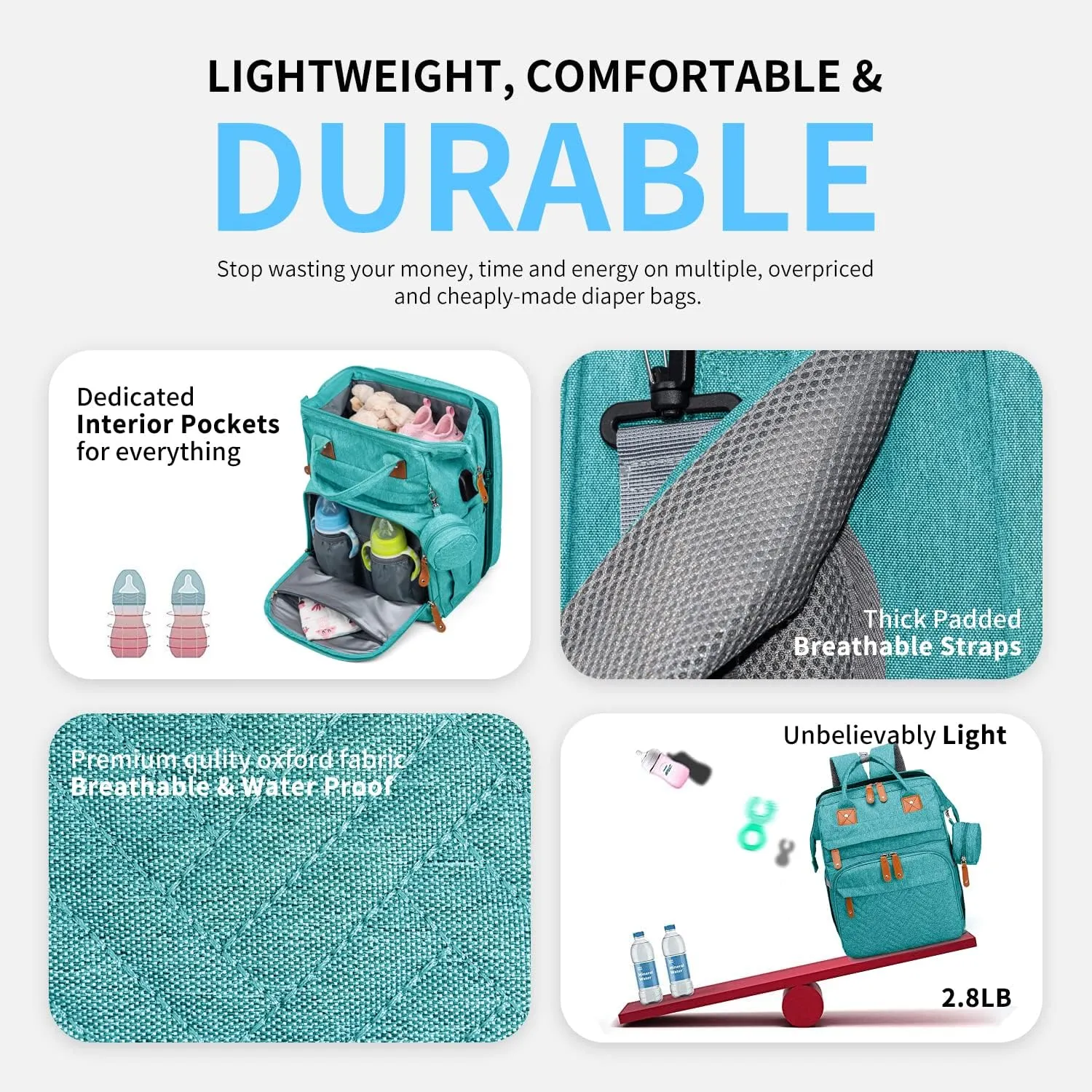 KABAQOO Diaper Bag Backpack, Large Baby Diaper Bags for Boys Girls, Baby Bag with USB Charging Port, Multifunction Waterproof Travel Back Pack for Moms Dads, Lake Blue