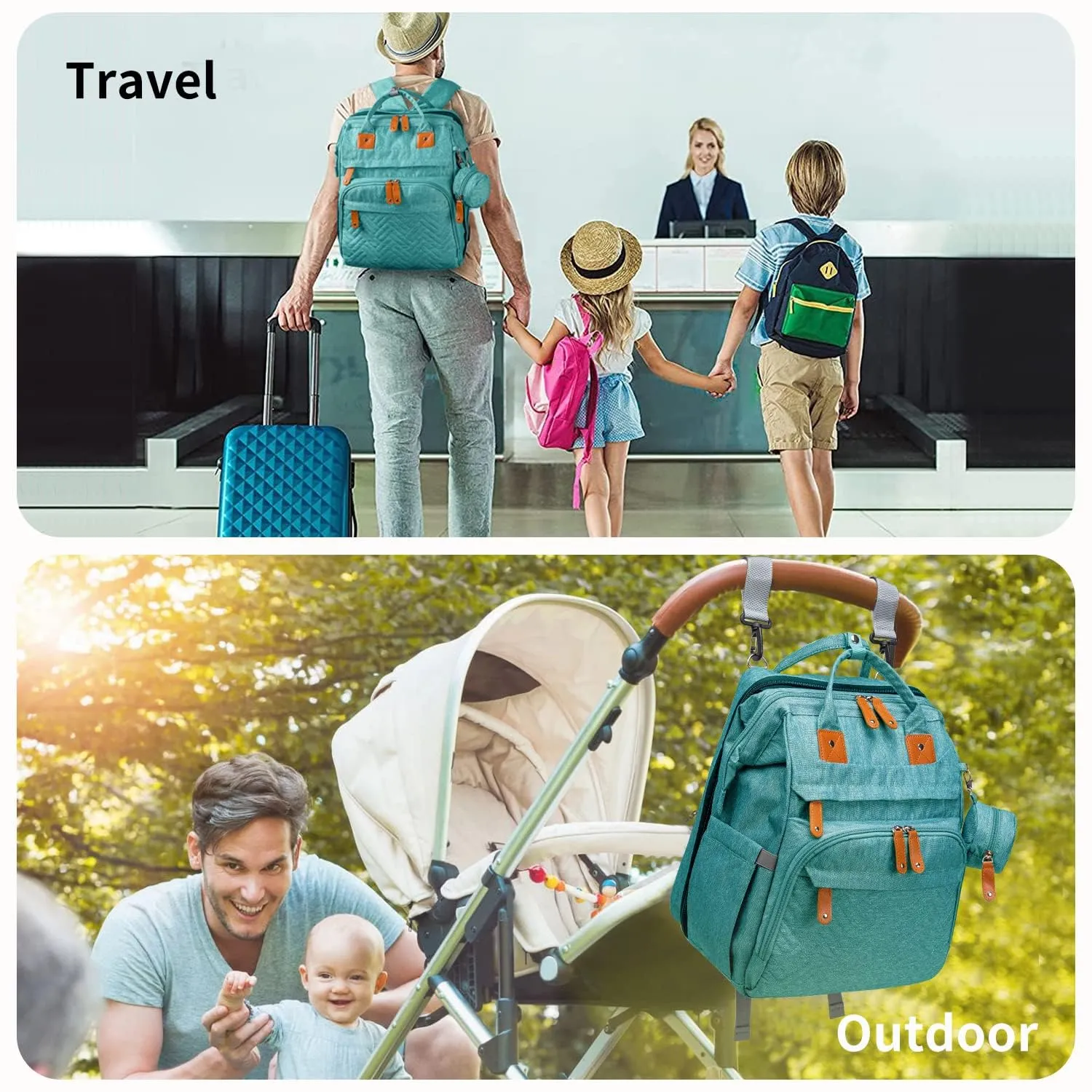 KABAQOO Diaper Bag Backpack, Large Baby Diaper Bags for Boys Girls, Baby Bag with USB Charging Port, Multifunction Waterproof Travel Back Pack for Moms Dads, Lake Blue