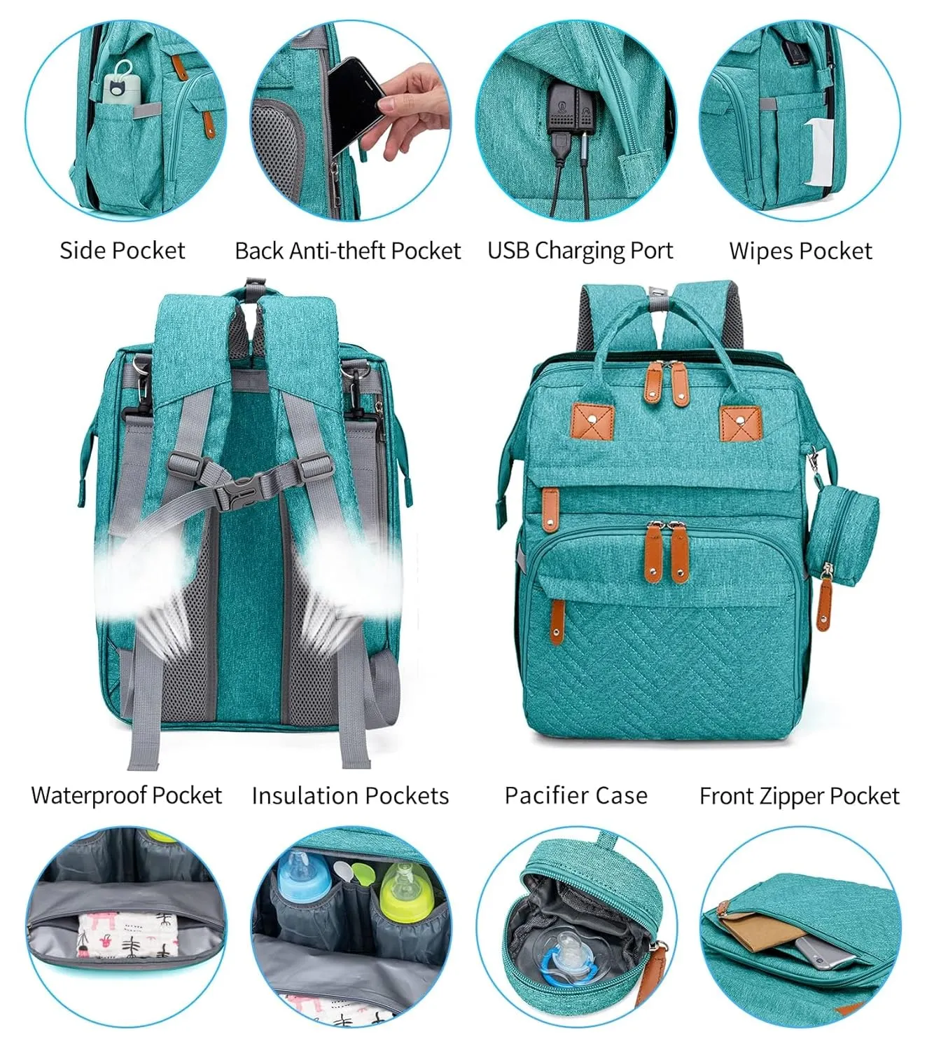 KABAQOO Diaper Bag Backpack, Large Baby Diaper Bags for Boys Girls, Baby Bag with USB Charging Port, Multifunction Waterproof Travel Back Pack for Moms Dads, Lake Blue