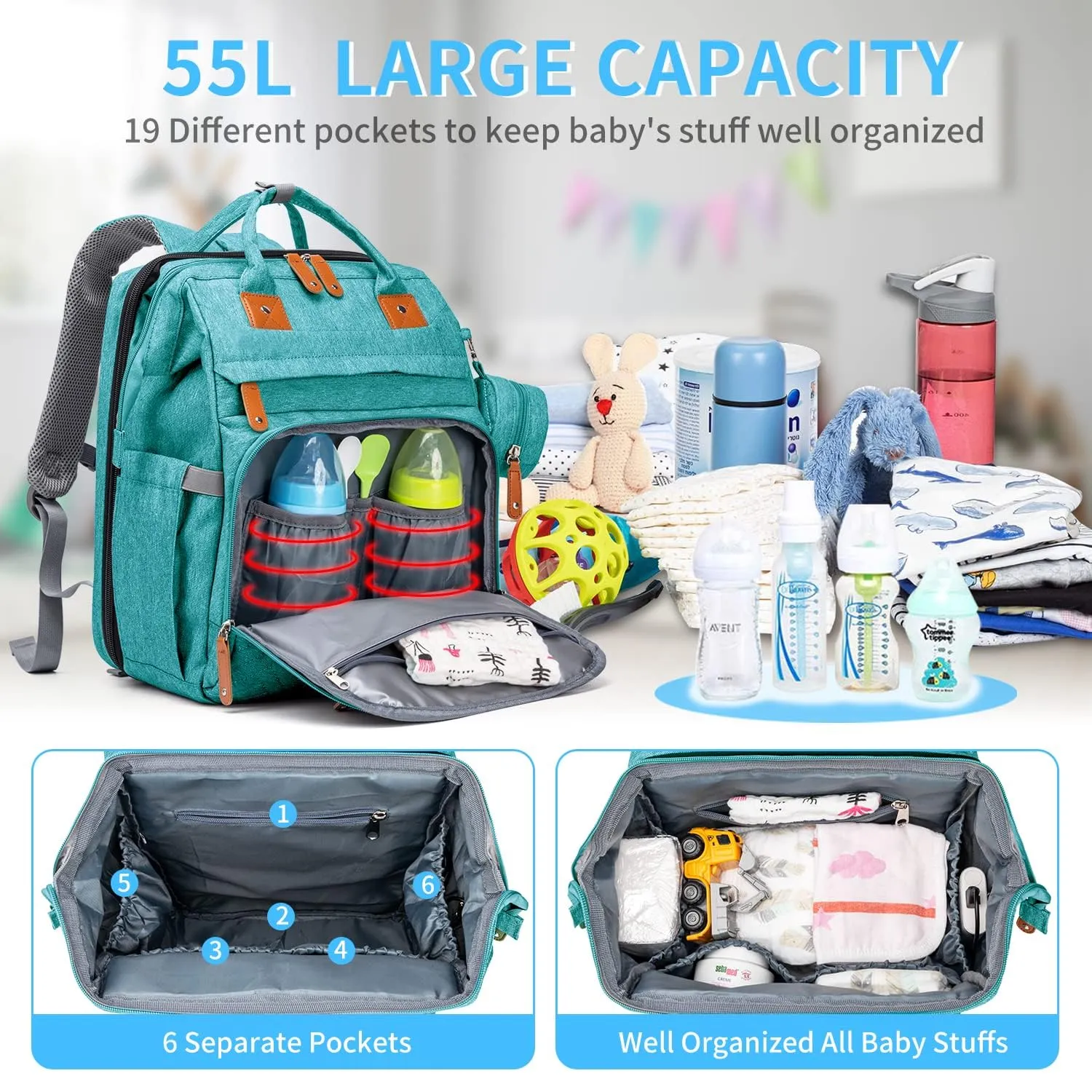 KABAQOO Diaper Bag Backpack, Large Baby Diaper Bags for Boys Girls, Baby Bag with USB Charging Port, Multifunction Waterproof Travel Back Pack for Moms Dads, Lake Blue