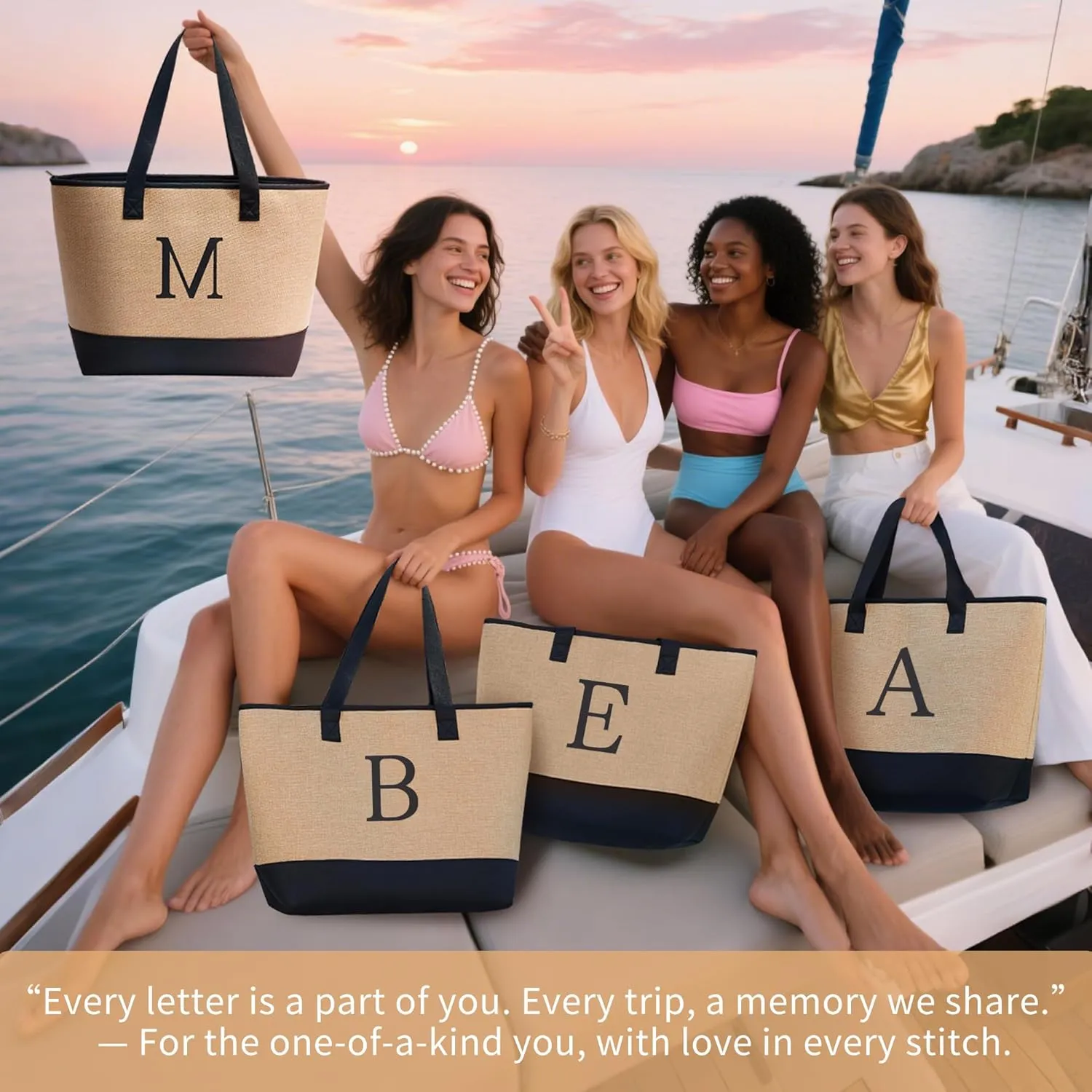 KALIDI Woven Tote Bag for Women, Lightweigh Monogram Beach Bag with Zipper & Sand-Proof Canvas Base, Personalized Gift