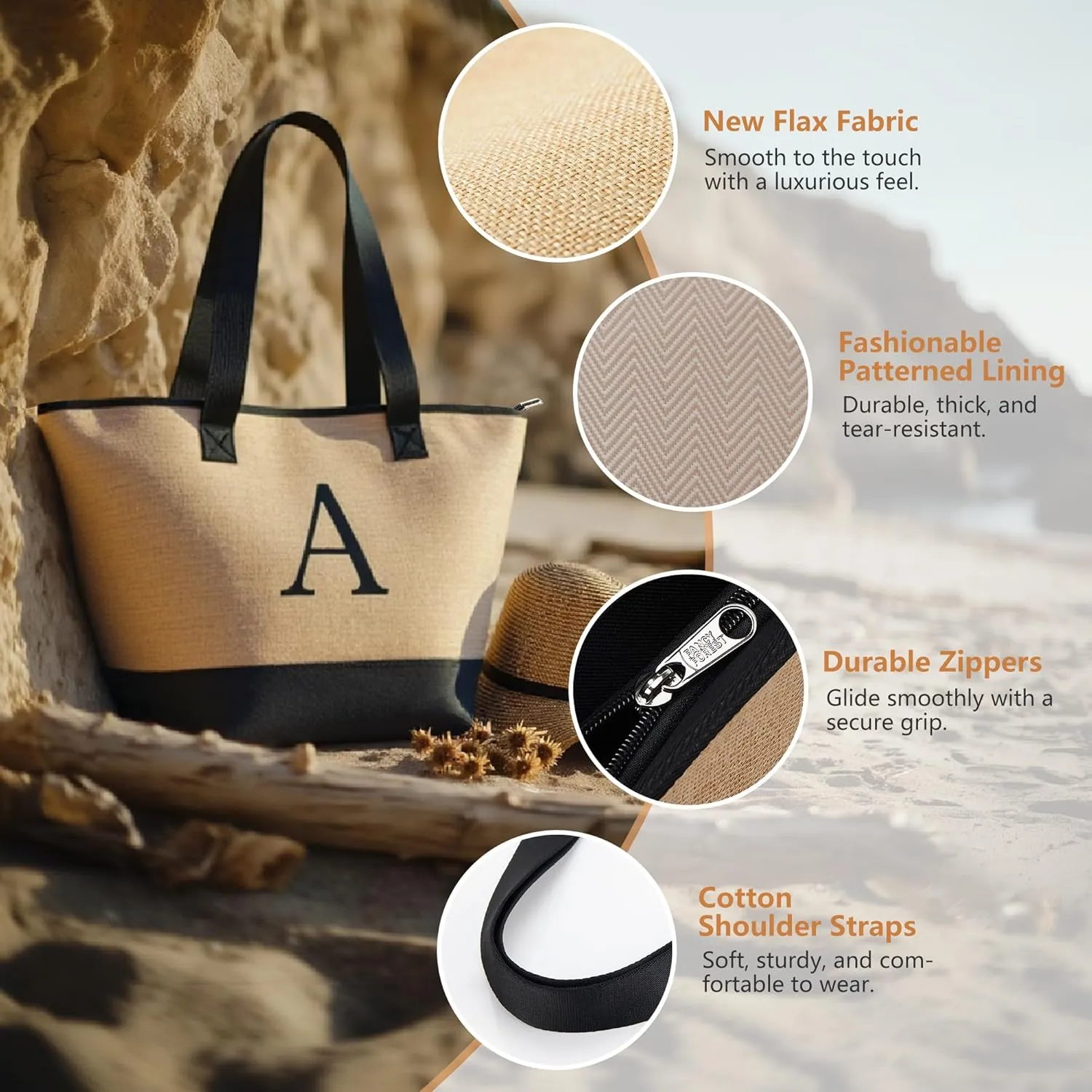 KALIDI Woven Tote Bag for Women, Lightweigh Monogram Beach Bag with Zipper & Sand-Proof Canvas Base, Personalized Gift
