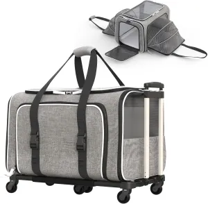 Katziela Rolling Rover Airline Compliant Expandable Premium Pet Carrier 6-Wheeled Baseboard Telescopic Handle Two-Sided Expandable Rolling Carrier Designed (Gray- White Piping)