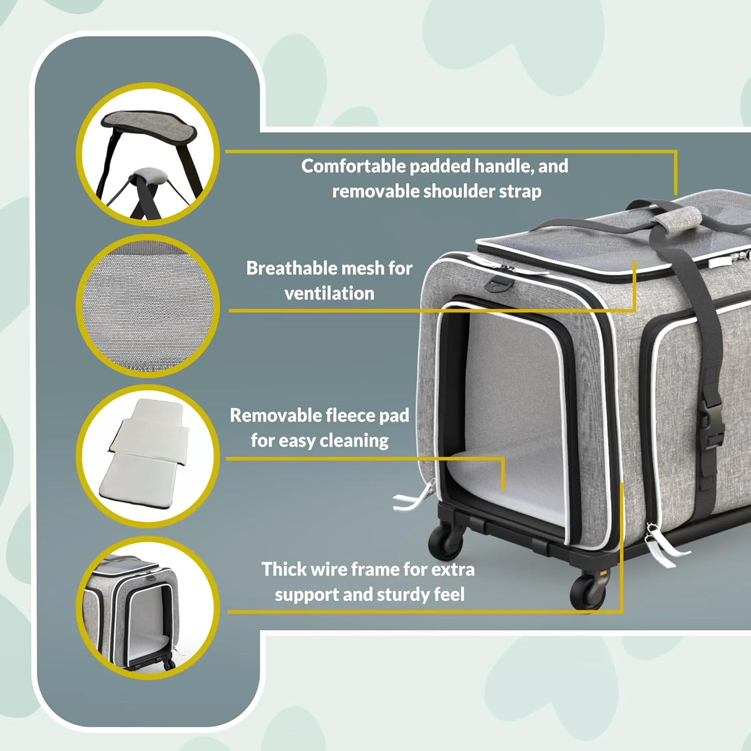 Katziela Rolling Rover Airline Compliant Expandable Premium Pet Carrier 6-Wheeled Baseboard Telescopic Handle Two-Sided Expandable Rolling Carrier Designed (Gray- White Piping)