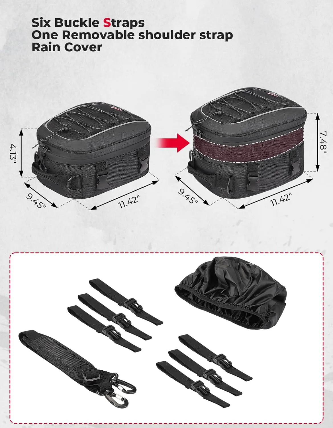 KEMIMOTO Motorcycle Tail Bag, Dual Use Motorcycle Rear Seat Bag with Waterproof Rain Cover, 7-14L Expandable Motorbike Helmet Bag Luggage Storage Backpack with 6 straps & 1 shoulder strap