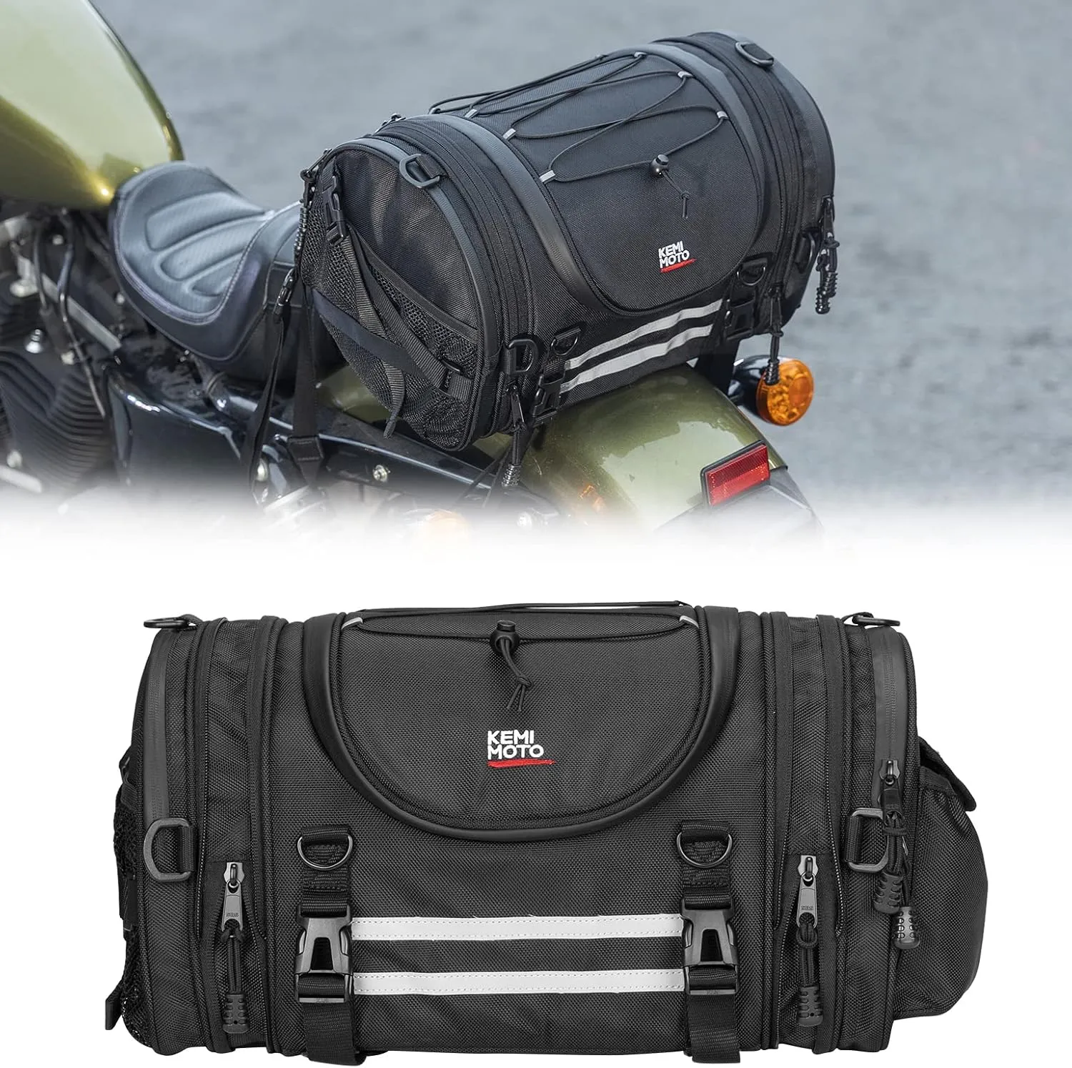KEMIMOTO Motorcycle Travel Luggage Bags 25L Motorcycle Tail Bags Expandable Sissy Bar Rear Seat Roll Helmet Storage with 4 Straps