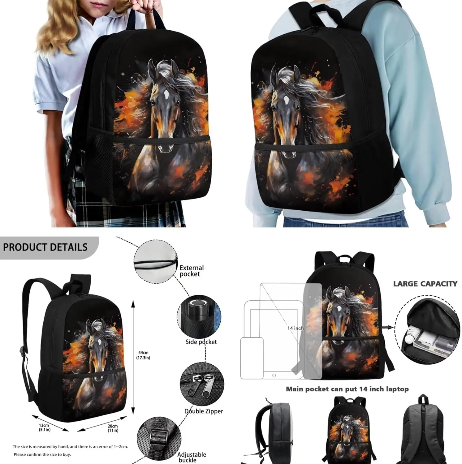 Kids Backpack with Lunch Box, Animal Horse Print Boys School Backpacks Book Bag with Pencil Case 3pcs Lightweight Daypack Bookbag Back to School Supplies, Black