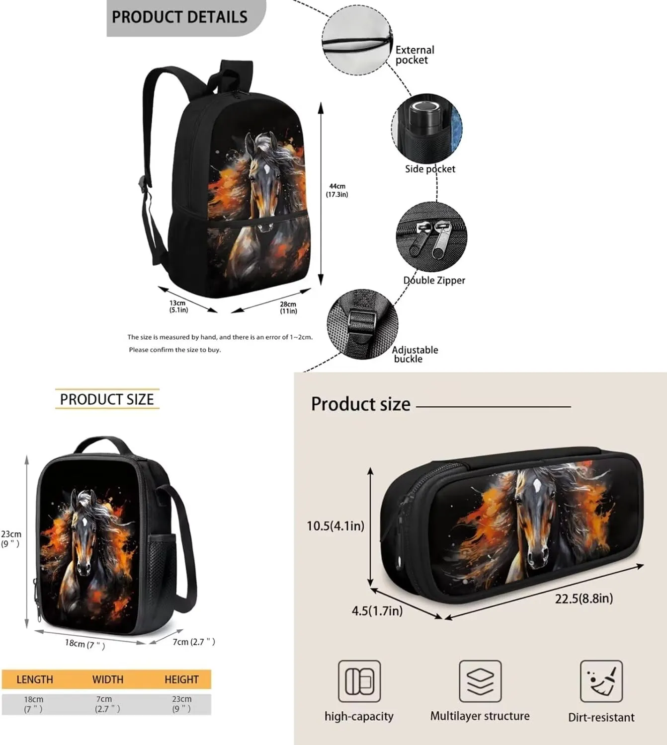 Kids Backpack with Lunch Box, Animal Horse Print Boys School Backpacks Book Bag with Pencil Case 3pcs Lightweight Daypack Bookbag Back to School Supplies, Black
