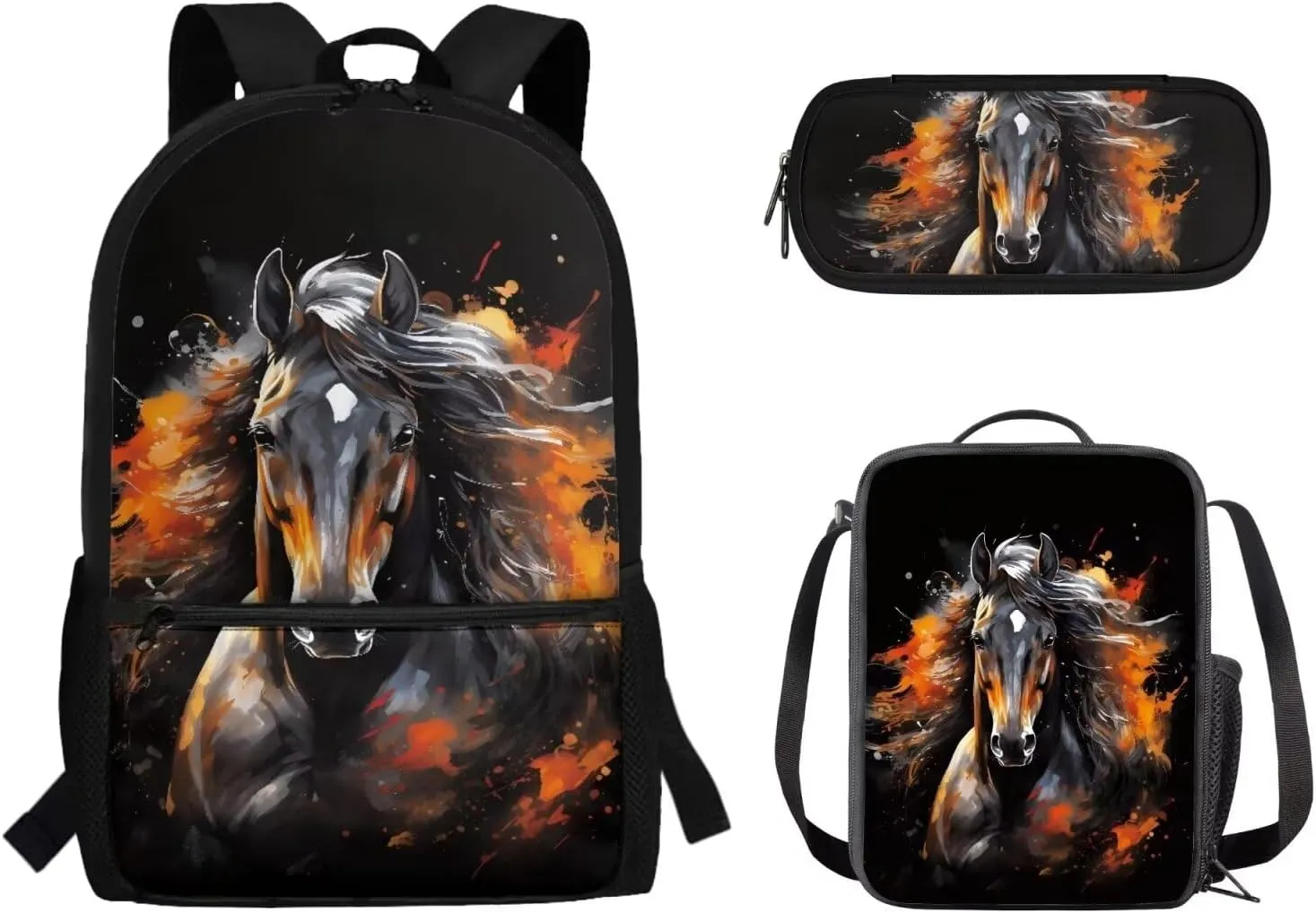 Kids Backpack with Lunch Box, Animal Horse Print Boys School Backpacks Book Bag with Pencil Case 3pcs Lightweight Daypack Bookbag Back to School Supplies, Black
