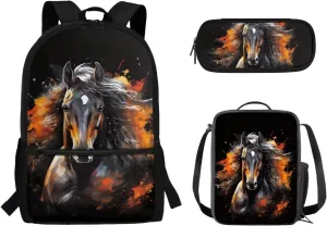 Kids Backpack with Lunch Box, Animal Horse Print Boys School Backpacks Book Bag with Pencil Case 3pcs Lightweight Daypack Bookbag Back to School Supplies, Black