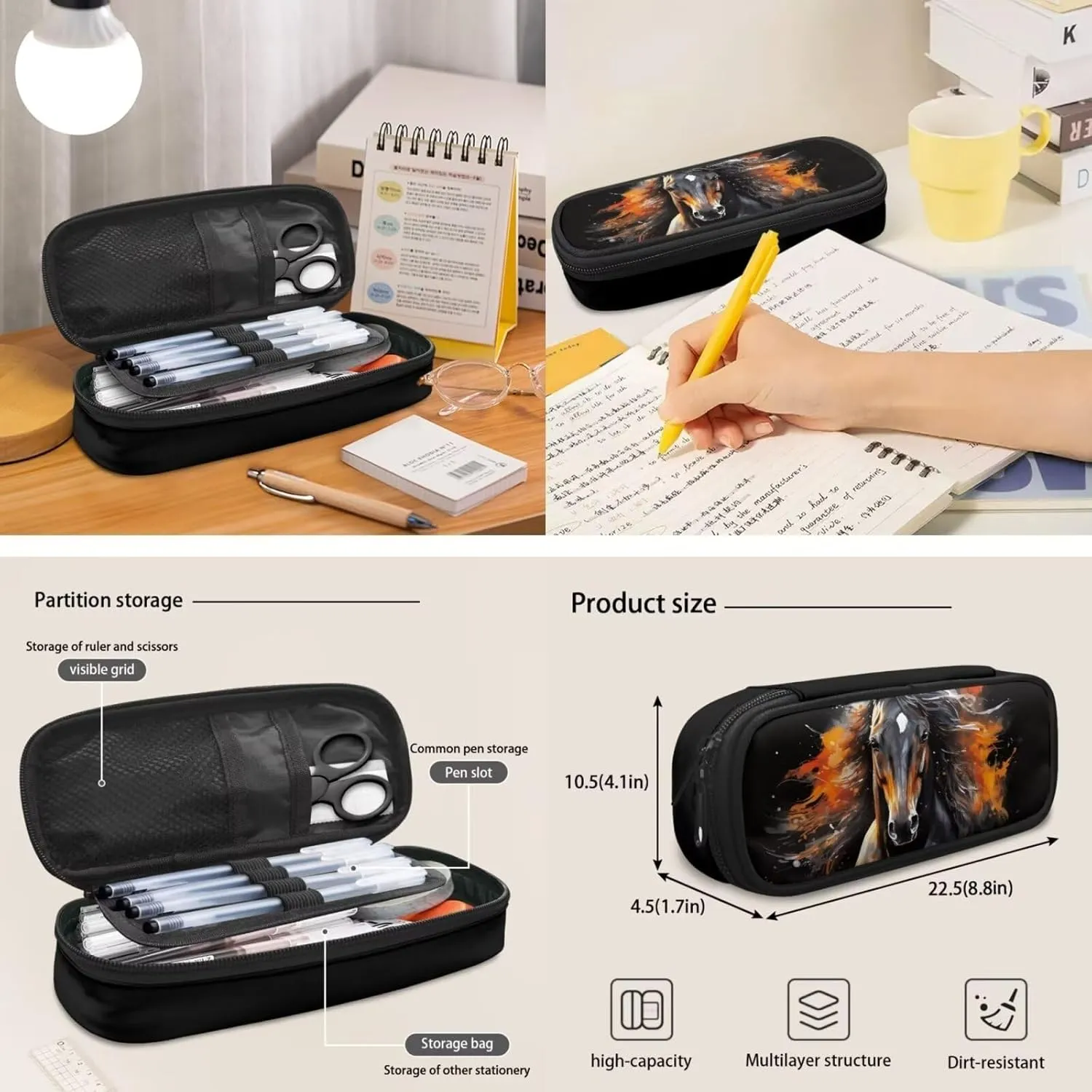 Kids Backpack with Lunch Box, Animal Horse Print Boys School Backpacks Book Bag with Pencil Case 3pcs Lightweight Daypack Bookbag Back to School Supplies, Black