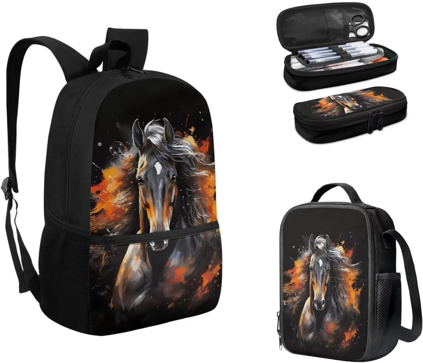 Kids Backpack with Lunch Box, Animal Horse Print Boys School Backpacks Book Bag with Pencil Case 3pcs Lightweight Daypack Bookbag Back to School Supplies, Black