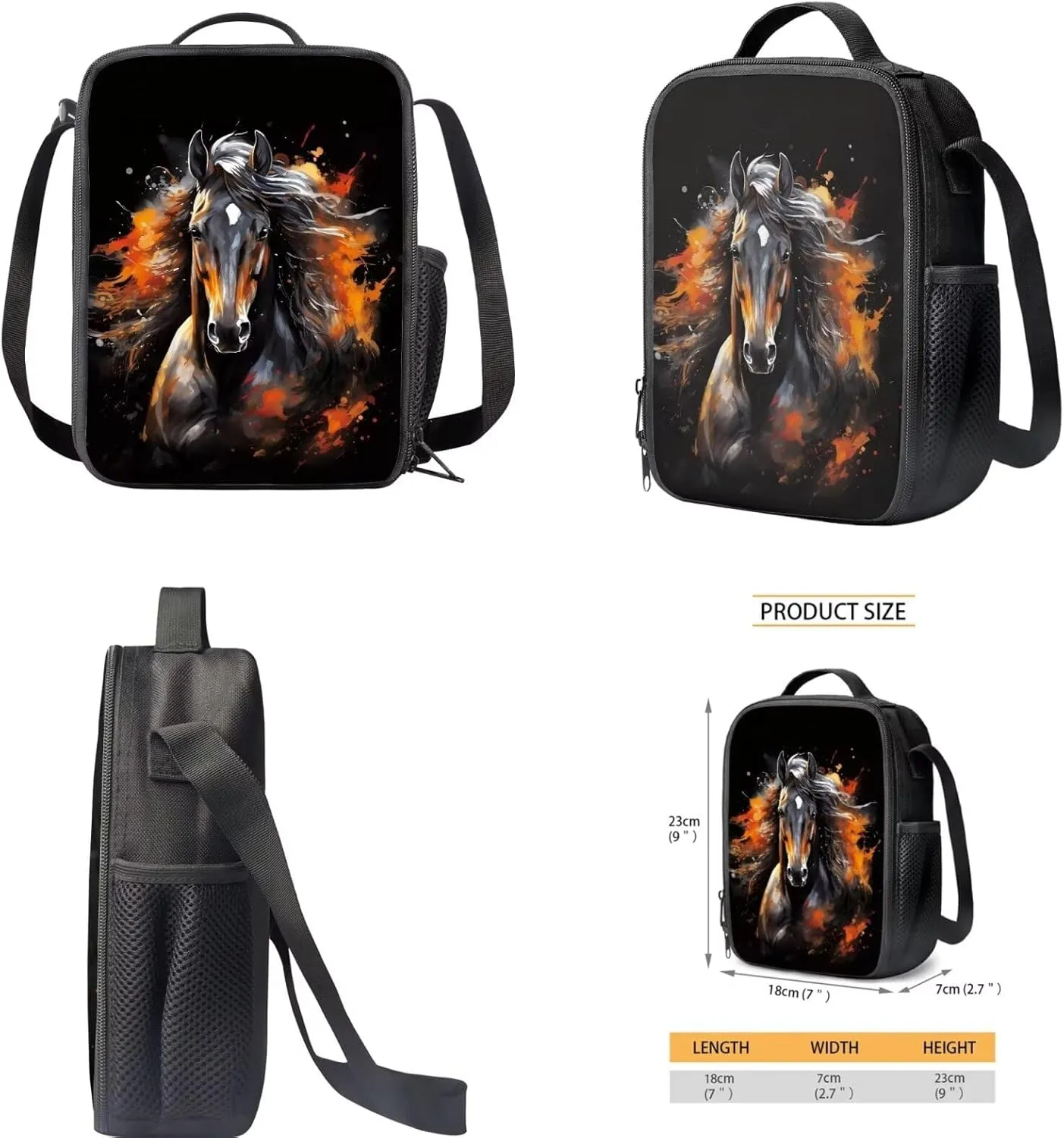 Kids Backpack with Lunch Box, Animal Horse Print Boys School Backpacks Book Bag with Pencil Case 3pcs Lightweight Daypack Bookbag Back to School Supplies, Black