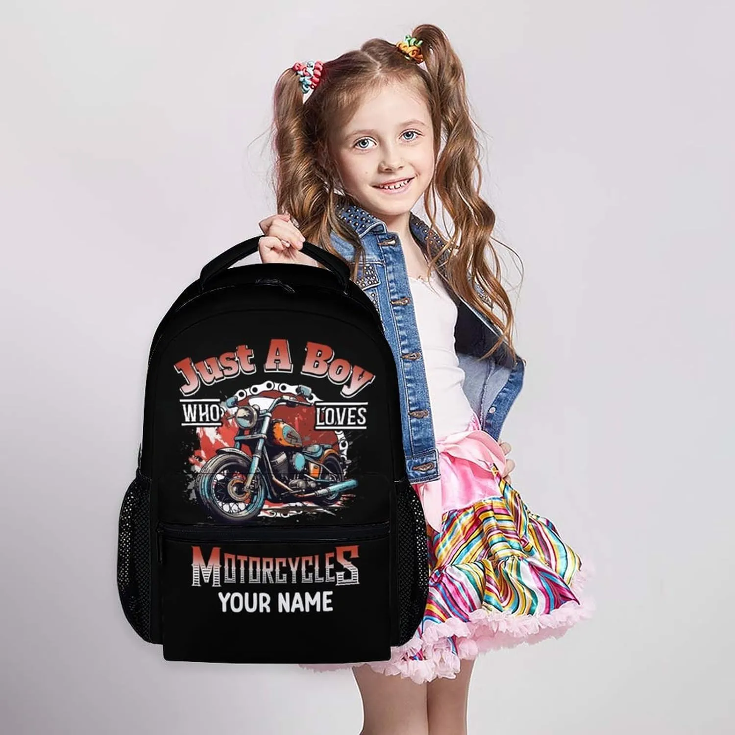 Kids Boys Backpack - Custom Name Motorcycle Backpacks Gift for Teens Students - 17 Inches Motorcycle Large Capacity Back to School Bookbag for Primary Middle School