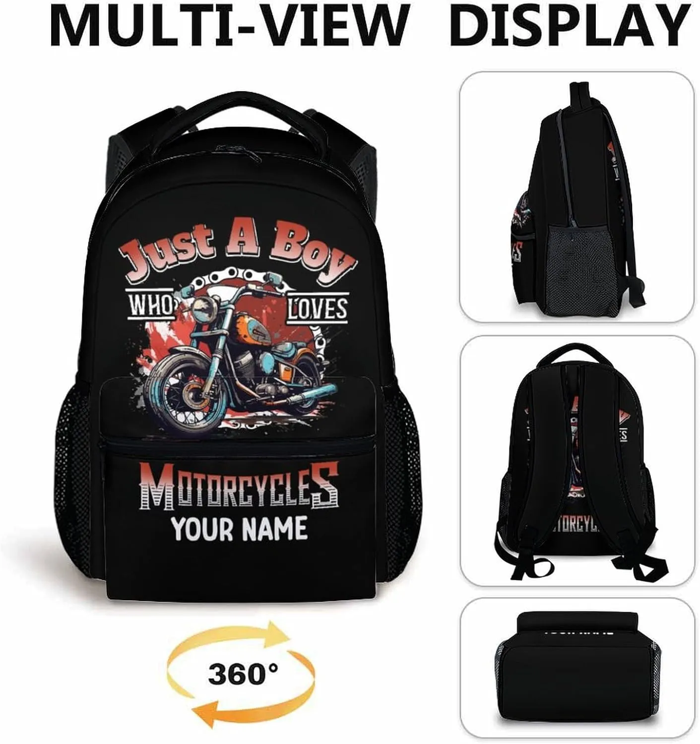 Kids Boys Backpack - Custom Name Motorcycle Backpacks Gift for Teens Students - 17 Inches Motorcycle Large Capacity Back to School Bookbag for Primary Middle School