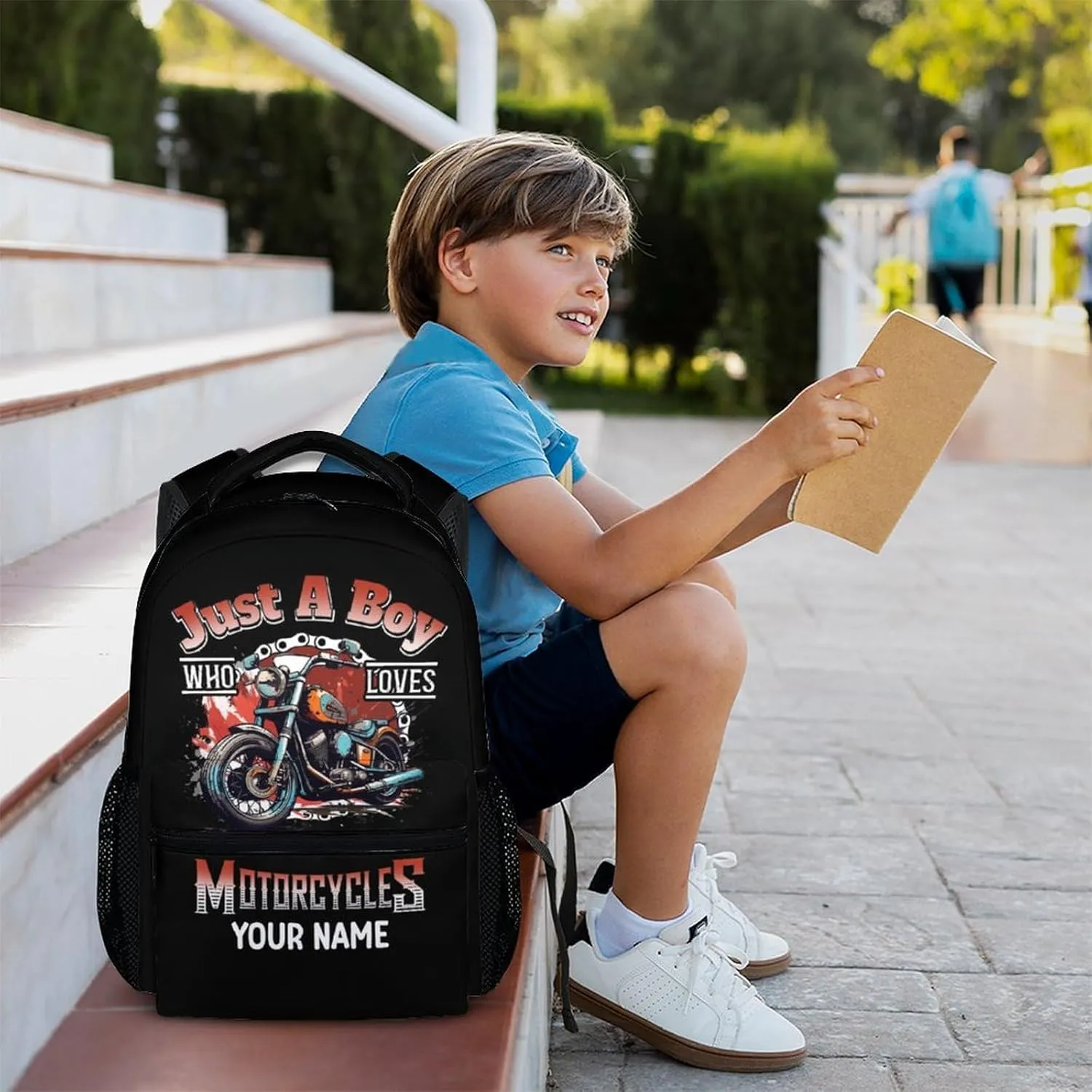 Kids Boys Backpack - Custom Name Motorcycle Backpacks Gift for Teens Students - 17 Inches Motorcycle Large Capacity Back to School Bookbag for Primary Middle School