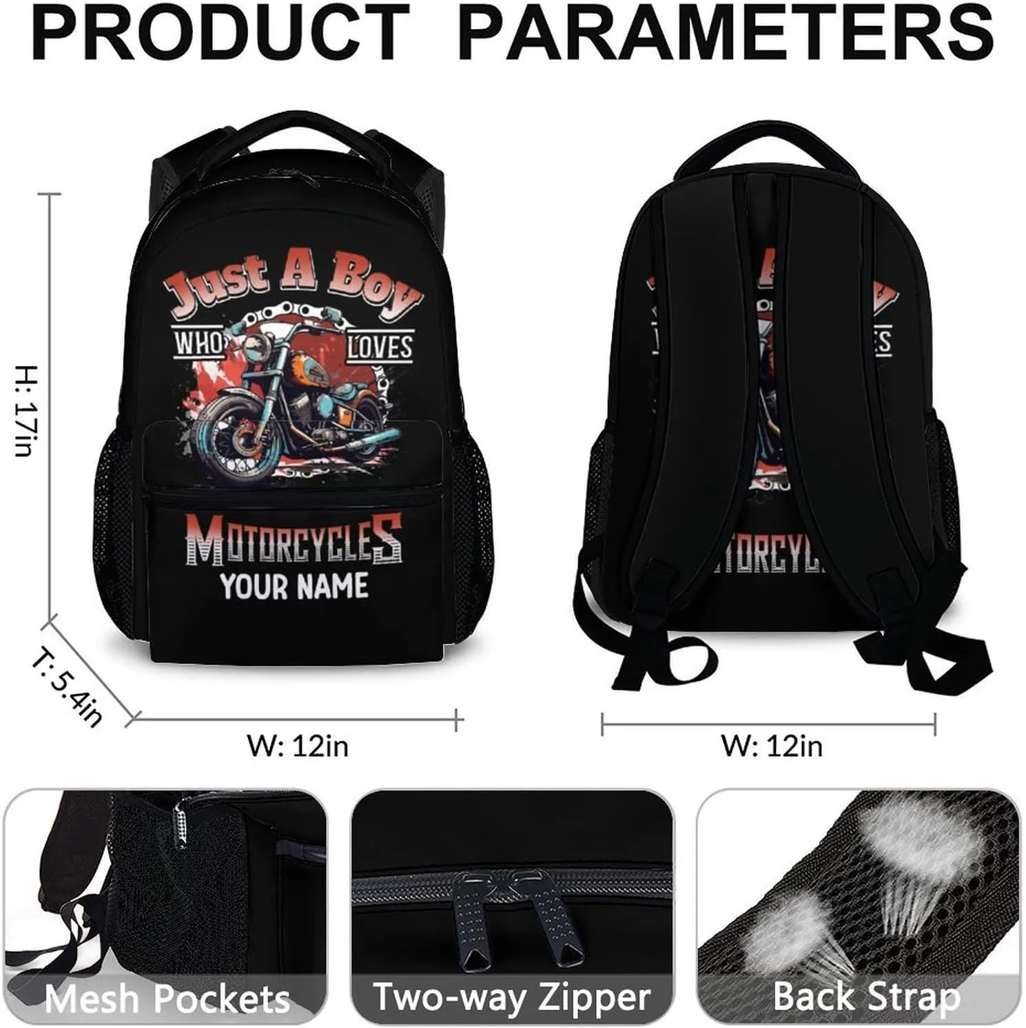 Kids Boys Backpack - Custom Name Motorcycle Backpacks Gift for Teens Students - 17 Inches Motorcycle Large Capacity Back to School Bookbag for Primary Middle School