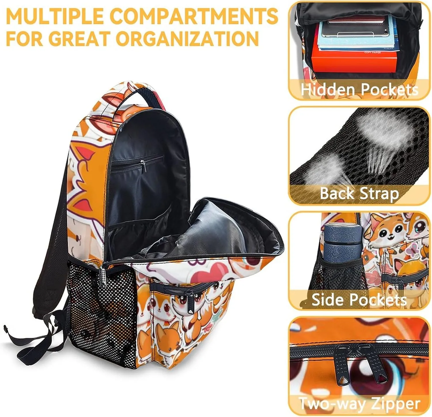 Kids Fox Backpack, 16" Cute Fox Pattern for Boys & Girls, Back to School Bookbag
