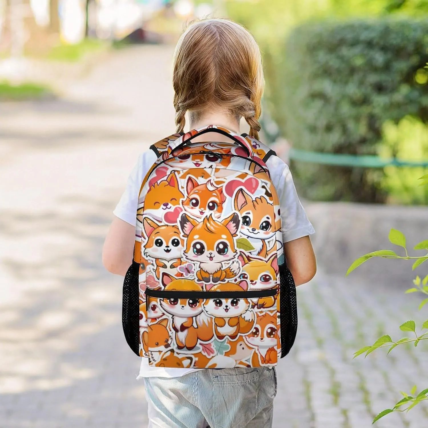 Kids Fox Backpack, 16" Cute Fox Pattern for Boys & Girls, Back to School Bookbag