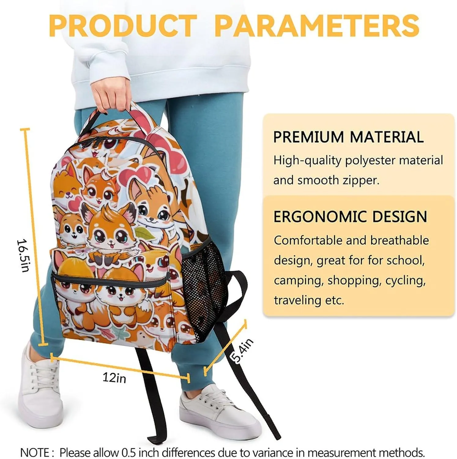 Kids Fox Backpack, 16" Cute Fox Pattern for Boys & Girls, Back to School Bookbag
