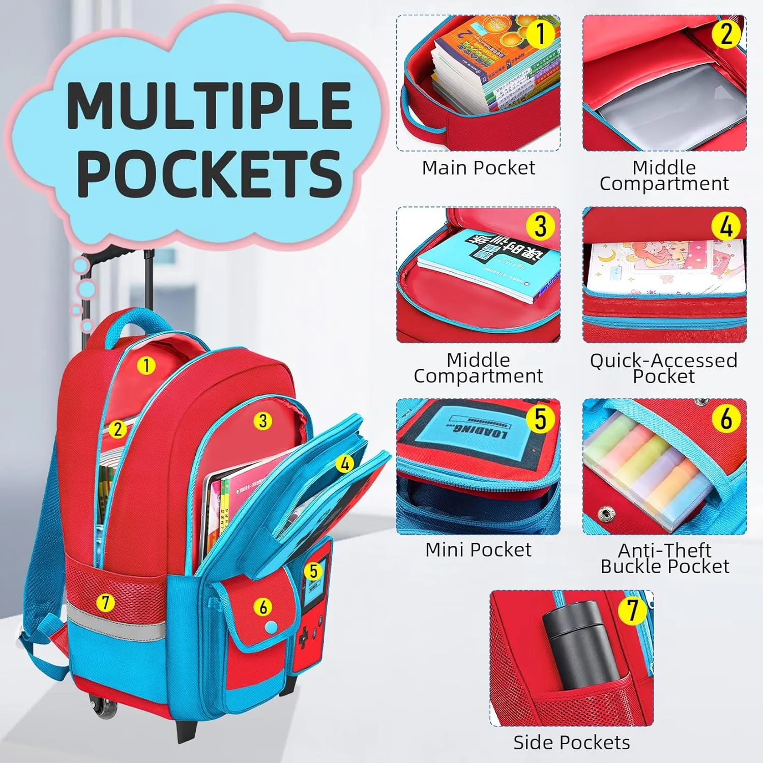 Kids Rolling Backpack for Boys - 3PCS Gamer Boys Rolling Backpack with Lunch Box Set, Wheeled Travel Bookbag for Elementary Middle School, Lightweight Roller School Bag