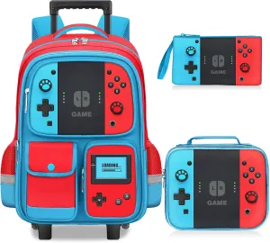 Kids Rolling Backpack for Boys - 3PCS Gamer Boys Rolling Backpack with Lunch Box Set, Wheeled Travel Bookbag for Elementary Middle School, Lightweight Roller School Bag