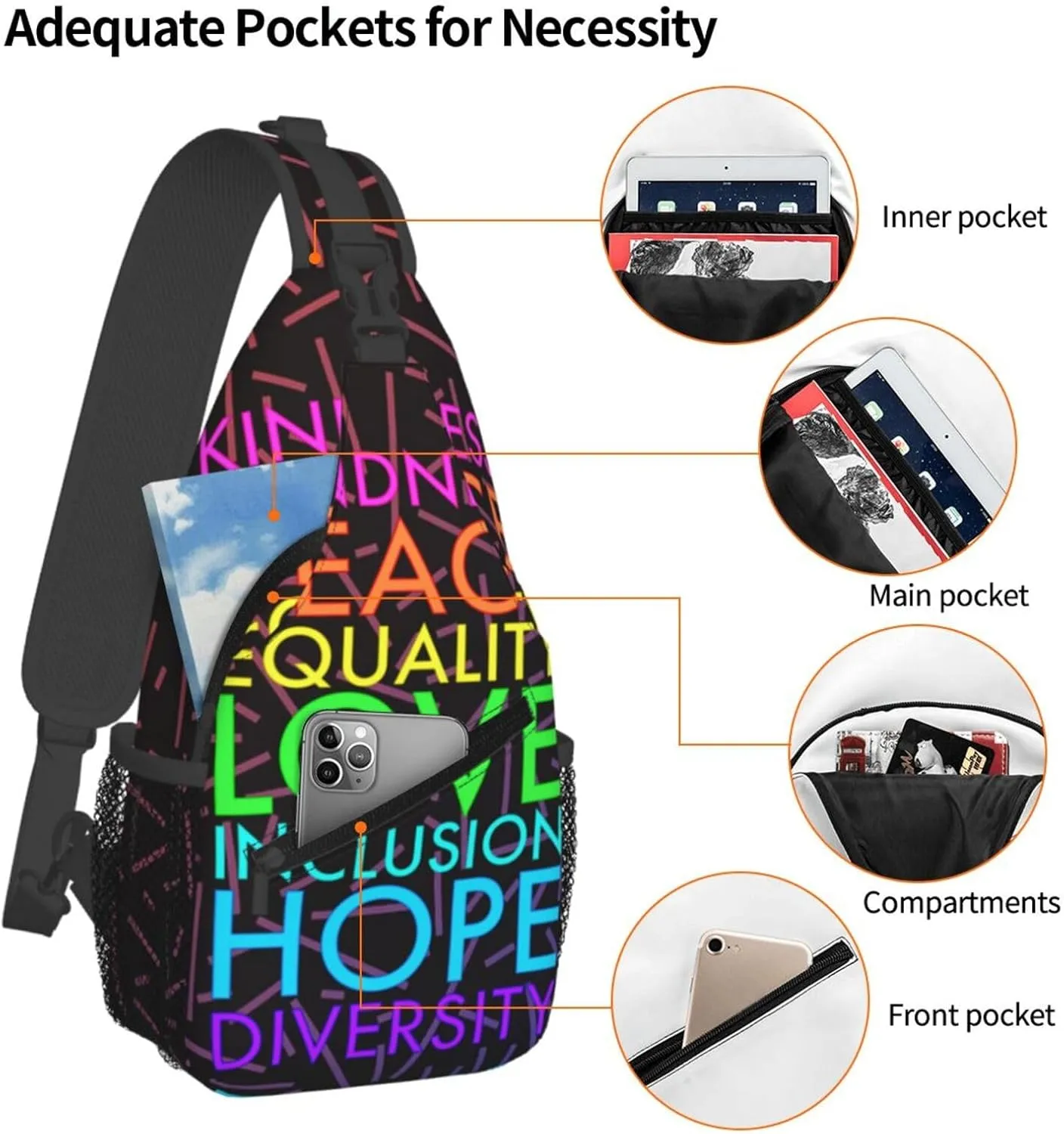 Kindness Peace Equality Love Inclusion Hope Diversity Crossbody Backpack For Men Women Sling Shoulder Dachshunds Dog Chest Bag Lightweight One Strap Multipurpose Travel Hiking Daypack